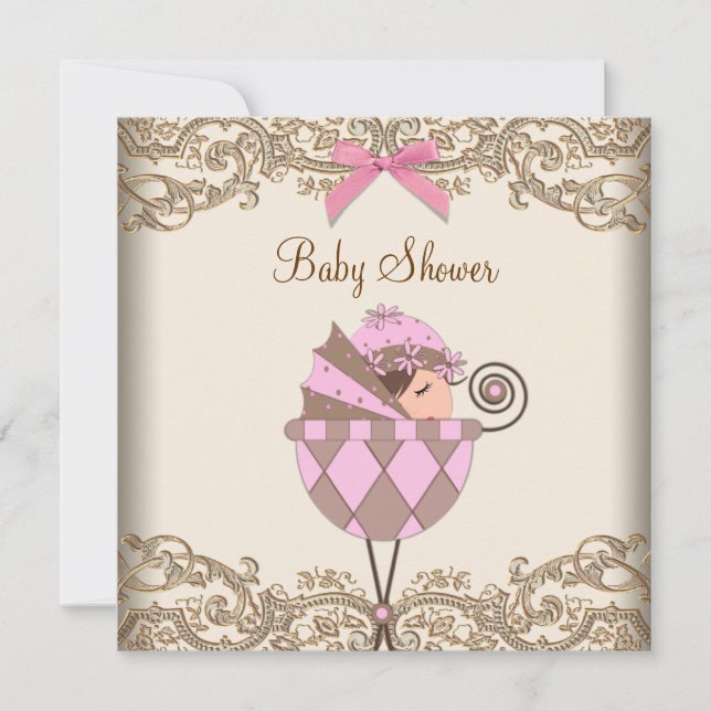 Pink Brown Lace Girl Babydusche Einladung (Vorderseite)