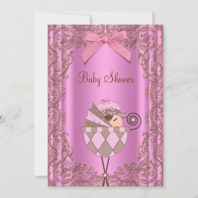 Pink Brown Lace Girl Babydusche Einladung (Vorderseite)