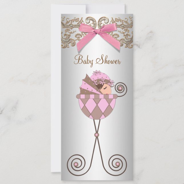 Pink Brown Lace Girl Babydusche Einladung (Vorderseite)