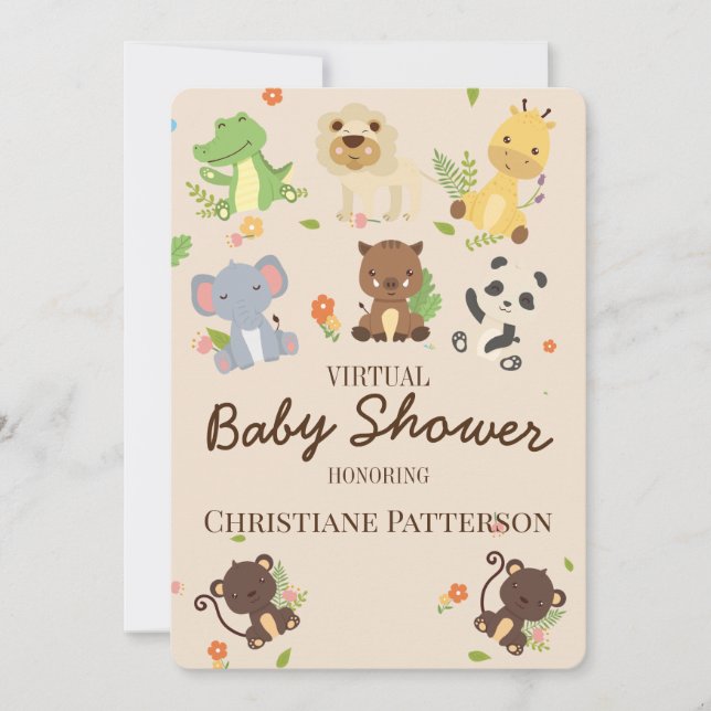 Pink Brown Niedlich Baby Animals Virtual Baby Dusc Einladung (Vorderseite)