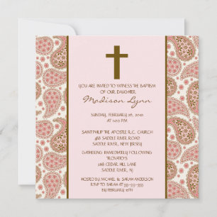 PINK & BROWN PAISLEY Baby Girl Baptism Inviation Einladung