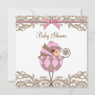 Pink Brown Pearls Lace Girl Babydusche Einladung
