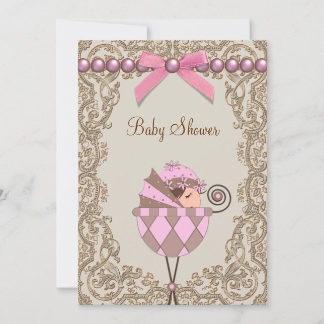 Pink Brown Pearls Lace Girl Babydusche Einladung (Vorderseite)