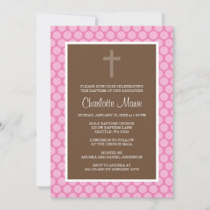 Pink Brown Polka Dot Cross Taufe Christine Einladung