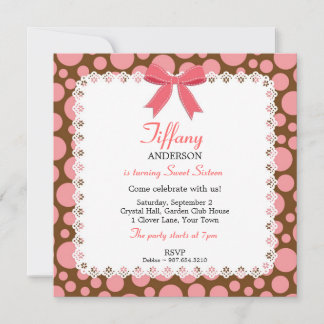 Pink & Brown Polka Dots w/Lace Sweet 16 Birthday Einladung