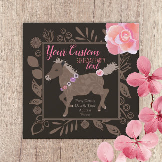 Pink & Brown Pony Thema Geburtstag Einladung