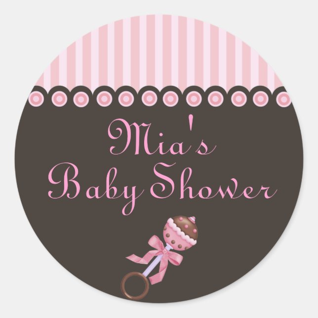 Pink & Brown Rattle Design Babyaufkleber Runder Aufkleber (Vorderseite)