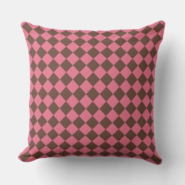 Pink Brown Schachbrett Diamond Pattern Kissen (Vorderseite)