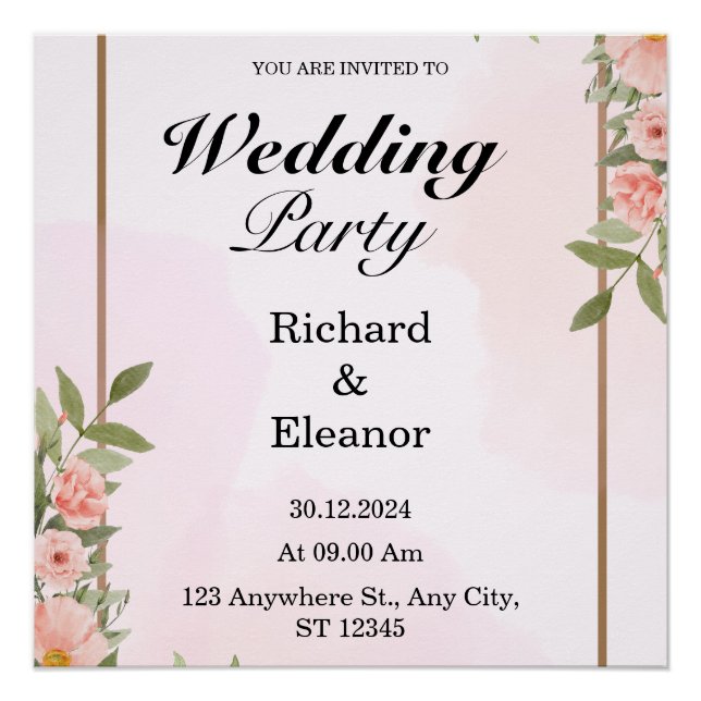 Pink & Brown Simple Wedding Party Poster (Vorderseite)