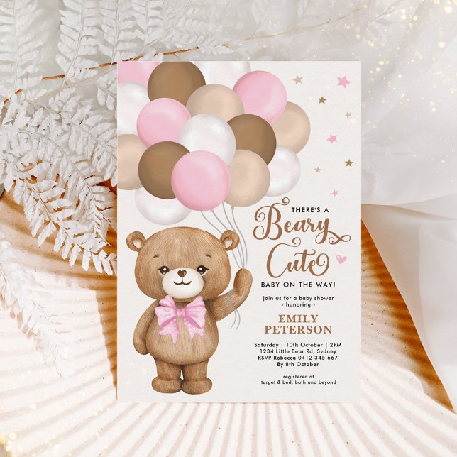 Pink Brown Teddy Bear Balloons Girl Baby Dusche Einladung (Von Creator hochgeladen)