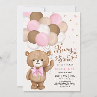 Pink Brown Teddy Bear mit Balloons Girl Birthday Einladung