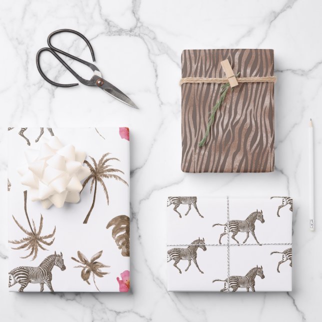 Pink Brown Tropical Zebra Blumenpalmen Bäume Geschenkpapier Set (Vorderseite)