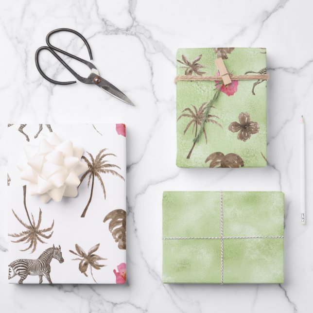 Pink Brown Tropical Zebra Blumenpalmen Bäume Geschenkpapier Set (Vorderseite)