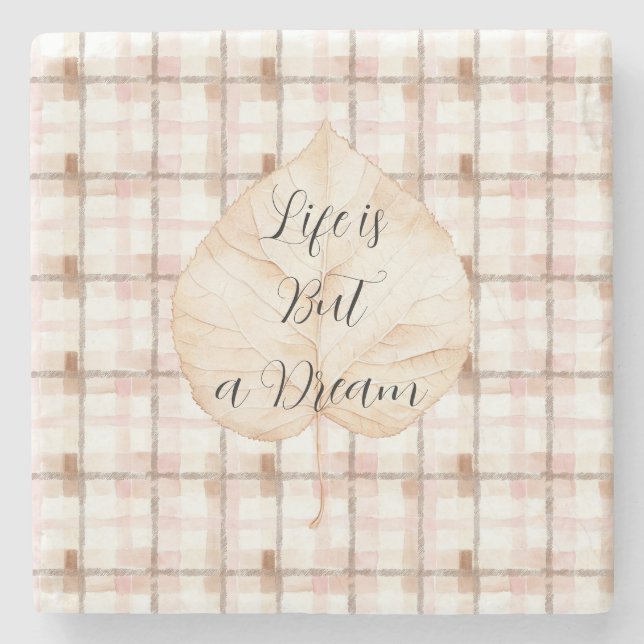 Pink Brown White Plaid Stripes Leaf Steinuntersetzer (Vorderseite)
