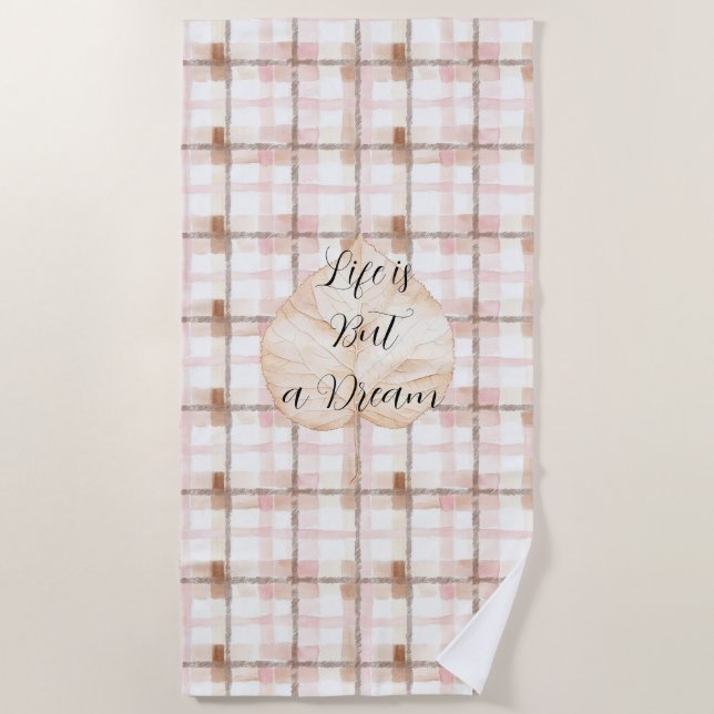 Pink Brown White Plaid Stripes Leaf Strandtuch (Vorderseite)
