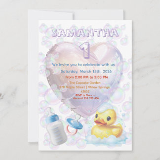 Pink Bubble Duck 1st Birthday Invite Einladung