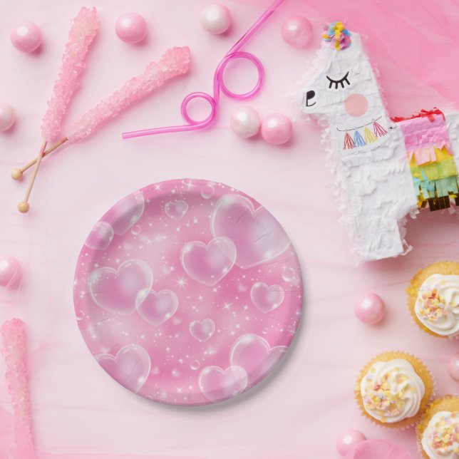 Pink Bubble Hearts Niedlich Girly 90er Jahre Stil  Pappteller (Party)