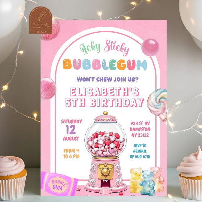 Pink Bubblegum Candy Birthday Girl Einladung (Von Creator hochgeladen)