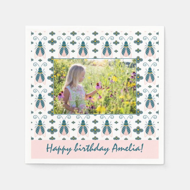 Pink Bugs Blume Pattern Girl Foto Geburtstag Serviette (Vorderseite)