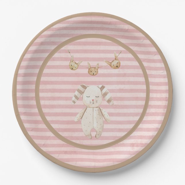 Pink Bunny Baby Girl Pastellstreifen Pappteller (Vorderseite)