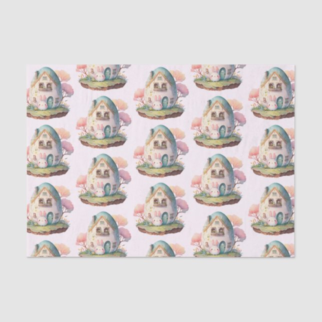 Pink Bunny & Egg Shaped House Kawaii Muster Seidenpapier (Vorderseite)