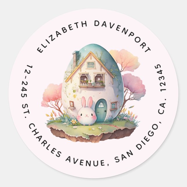 Pink Bunny & Egg Shaped House Kawaii Style Adresse Runder Aufkleber (Vorderseite)
