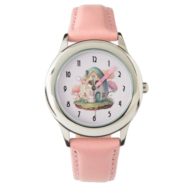 Pink Bunny & Egg Shaped House Kawaii Style Armbanduhr (Vorderseite)