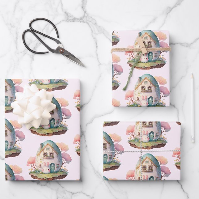 Pink Bunny & Egg Shaped House Kawaii Style Geschenkpapier Set (Vorderseite)