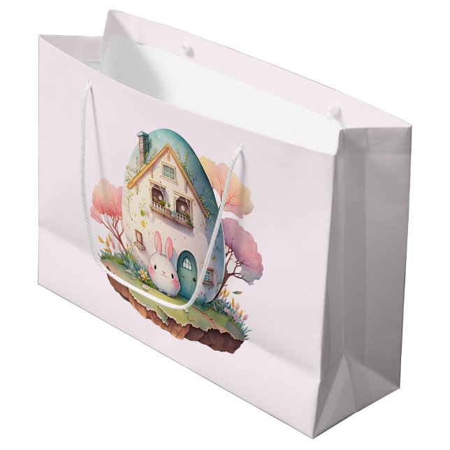 Pink Bunny & Egg Shaped House Kawaii Style Große Geschenktüte (Vorderseite Schrägansicht)