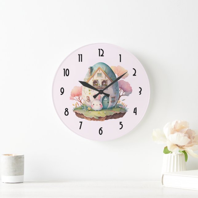 Pink Bunny & Egg Shaped House Kawaii Style Große Wanduhr (Zuhause)