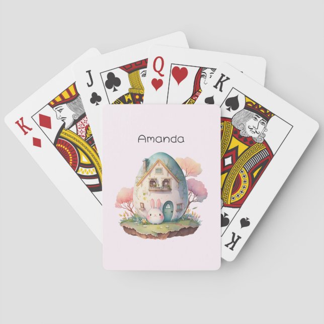 Pink Bunny & Egg Shaped House Kawaii Style Spielkarten (Rückseite)