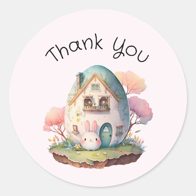 Pink Bunny & Egg Shaped House Kawaii Vielen Dank Runder Aufkleber (Vorderseite)