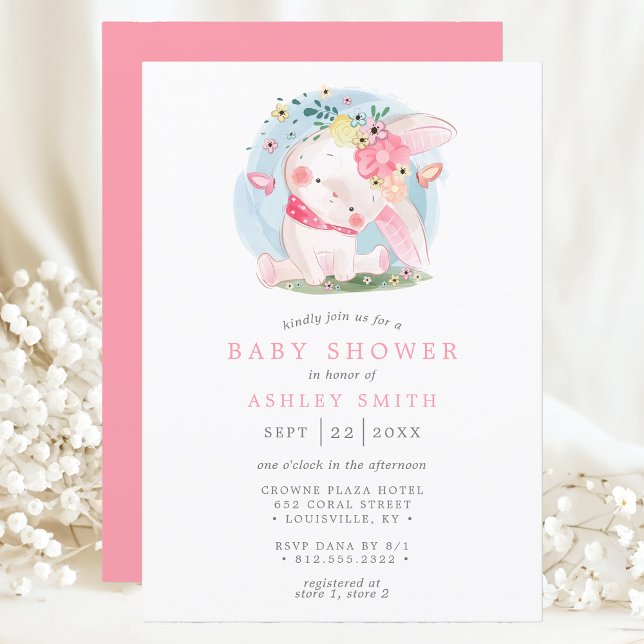 Pink Bunny Floral Butterfly Aquarell Babydusche Einladung (Von Creator hochgeladen)