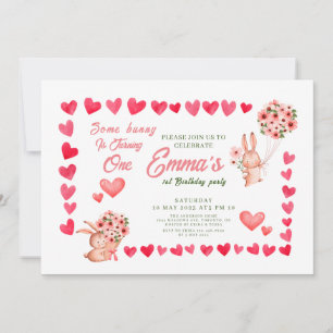 Pink Bunny Floral erster Geburtstag Einladung