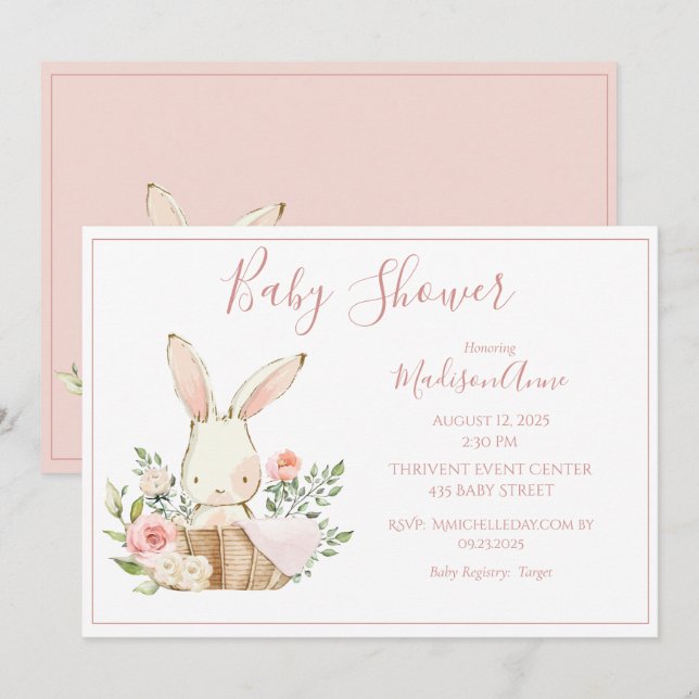 Pink Bunny Forest Wasserfarbe Niedlich Babydusche Einladung (Vorne/Hinten)