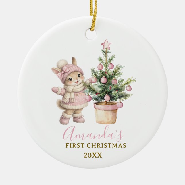 Pink Bunny Girl Rabbit First Christmas Keepsake Keramik Ornament (Vorne)