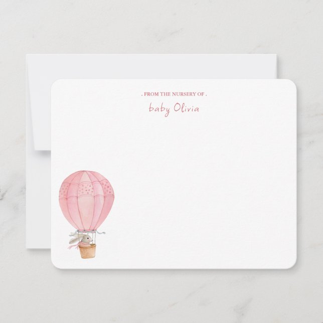 Pink Bunny in Hot Air Balloon Baby Girl Dankeskarte (Vorderseite)