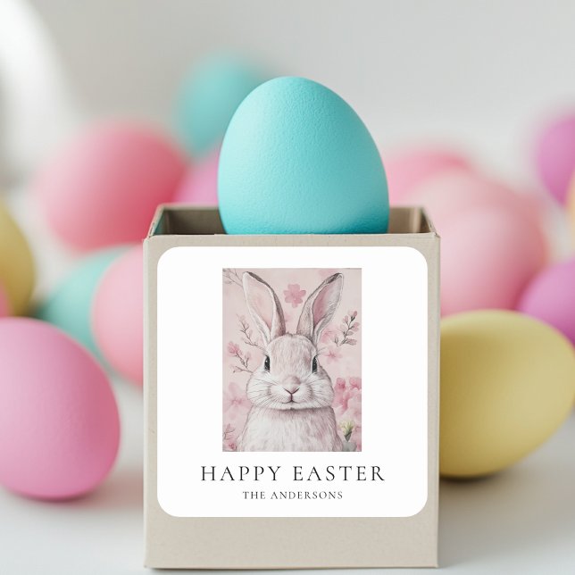 Pink Bunny mit Blumen Ostern Quadratischer Aufkleber (Von Creator hochgeladen)