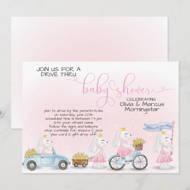 Pink Bunny Parade Drive Thru Baby SHower Einladung (Vorne/Hinten)