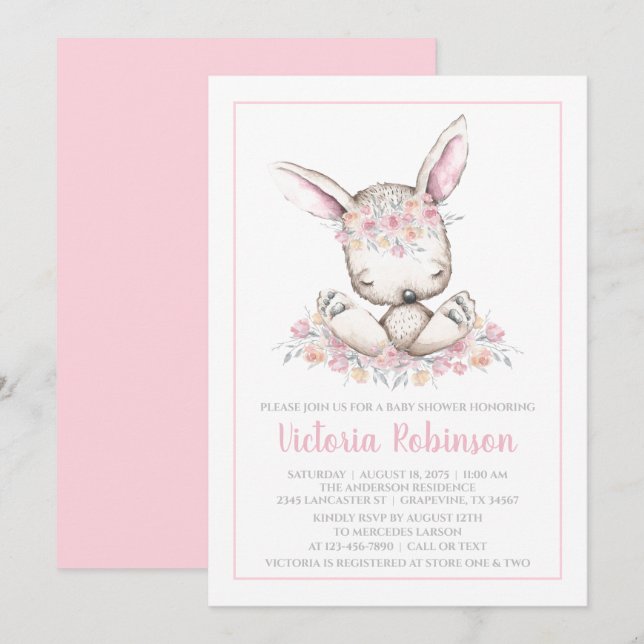 Pink Bunny Rabbit Girl Watercolor Babydusche Einladung (Vorne/Hinten)