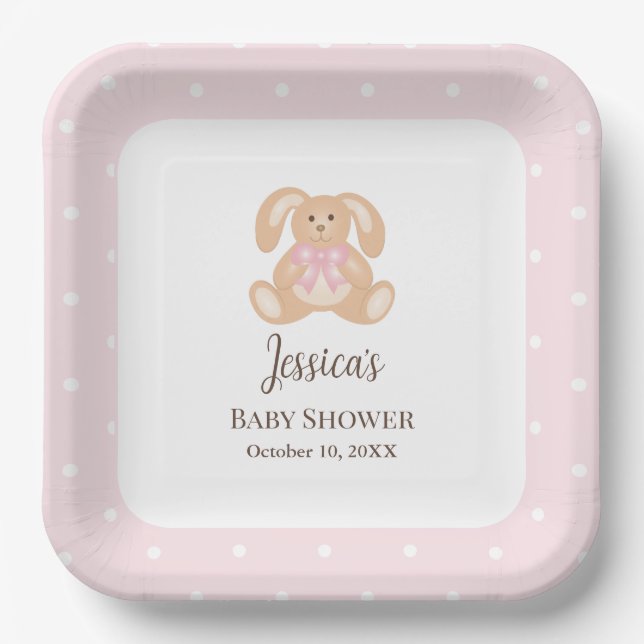 Pink Bunny Rabbit Niedlich Polka Dots Girl Babydus Pappteller (Vorderseite)