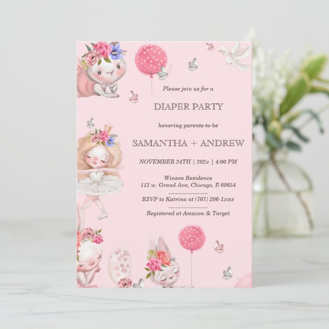 Pink Bunny Themed Diaper Party Einladung (Stehend Vorderseite)