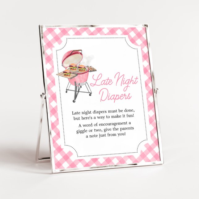 Pink Burger GRILLEN Kinderdusche Späte Nachttauche Poster (Girl Backyard BBQ Baby Shower Late Night Diapers Sign)