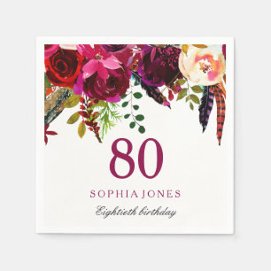 Pink & Burgund Boho Floral 80. Geburtstagsparty Serviette