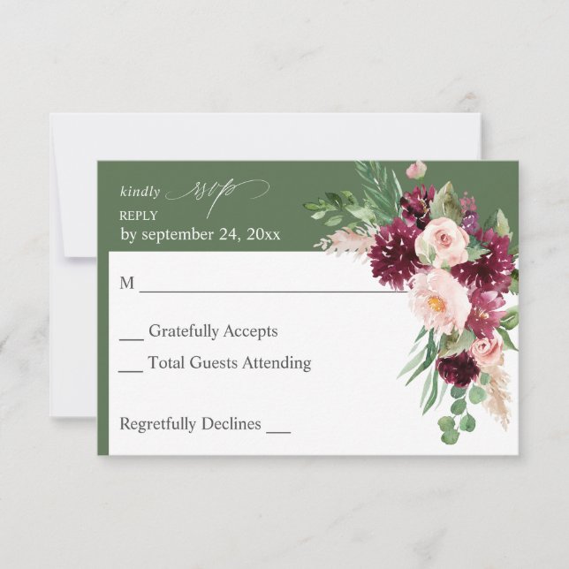 Pink & Burgund Floral 7 ni Mahlzeiten UAWG - Grün RSVP Karte (Vorderseite)