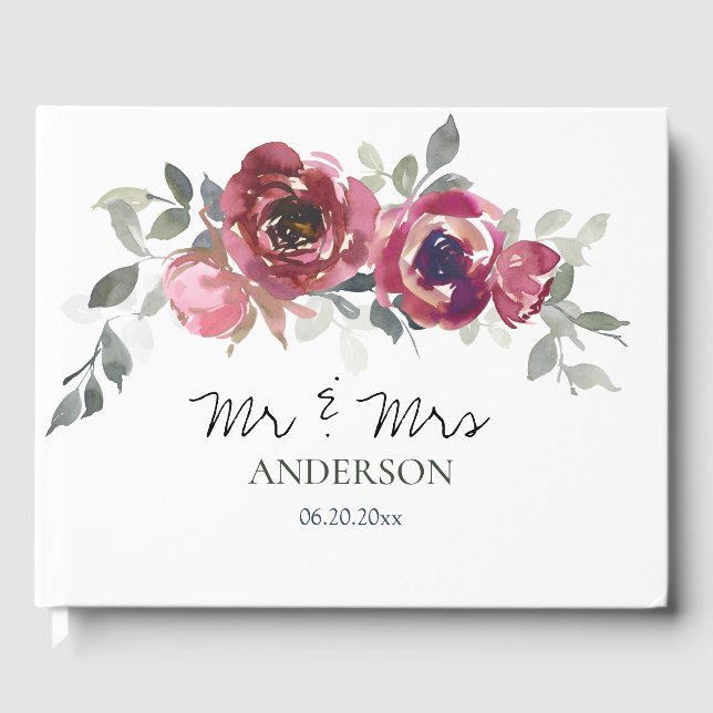Pink Burgund Gray Floral Mr & Mrs Wedding Gästebuch (Vorderseite)