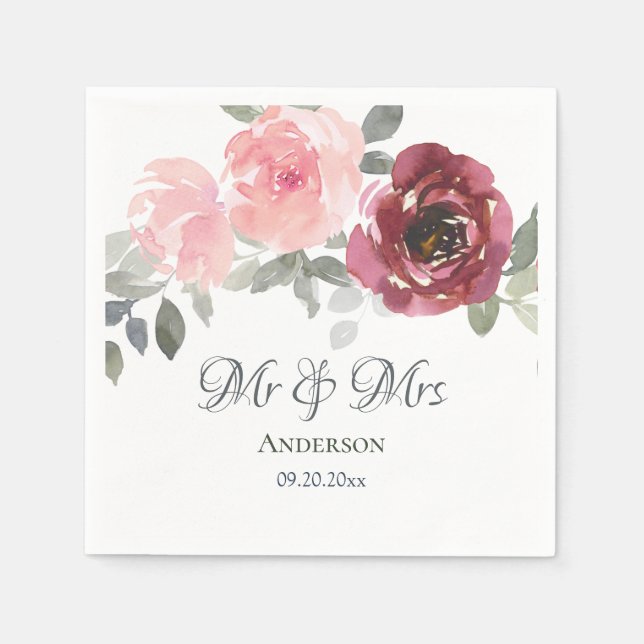 Pink Burgund Gray Floral Mr & Mrs Wedding Serviette (Vorderseite)