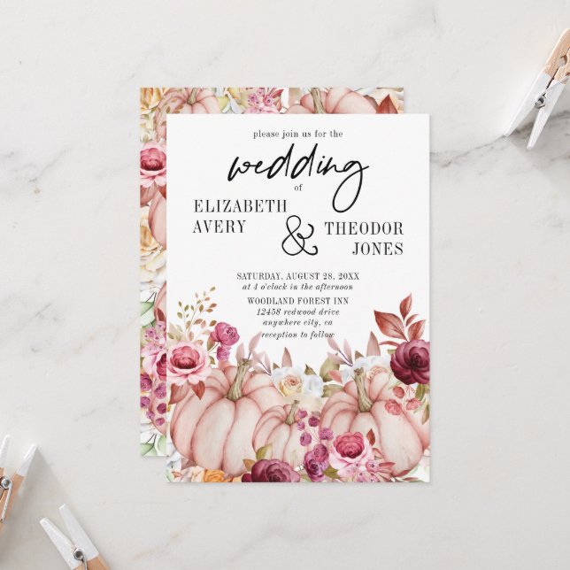 Pink Burgund Herbst Hochzeitskürbis Einladung (Vorderseite/Rückseite Beispiel)