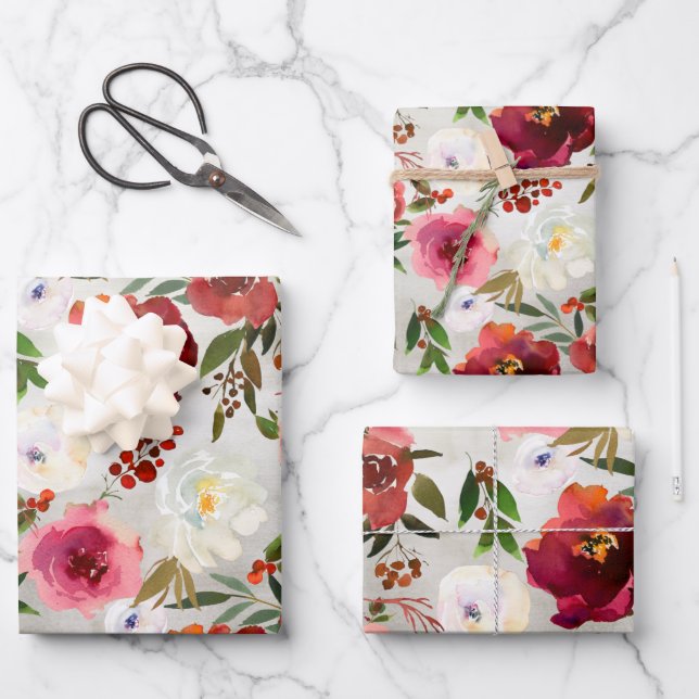 Pink & Burgund Peony & Berries Blumengarten Geschenkpapier Set (Vorderseite)