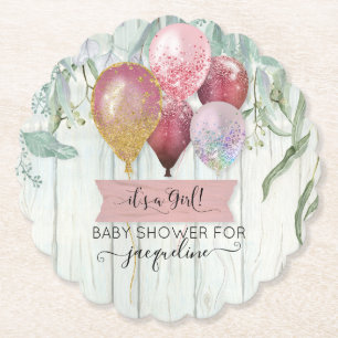 Pink Burgundy Balloon Wood Rustic Baby Girl Dusche Untersetzer